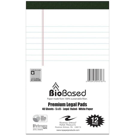 Roaring Spring Legal Pad, 20 lb, 40-Sheet, Legal, 5"x8", 12/PK, White 12PK ROA24316